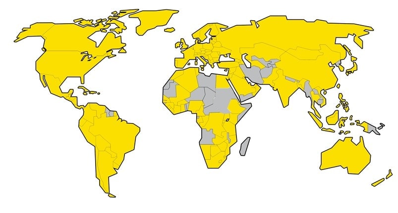 Países con Sociedades Miembros de IARU mostrados en amarillo